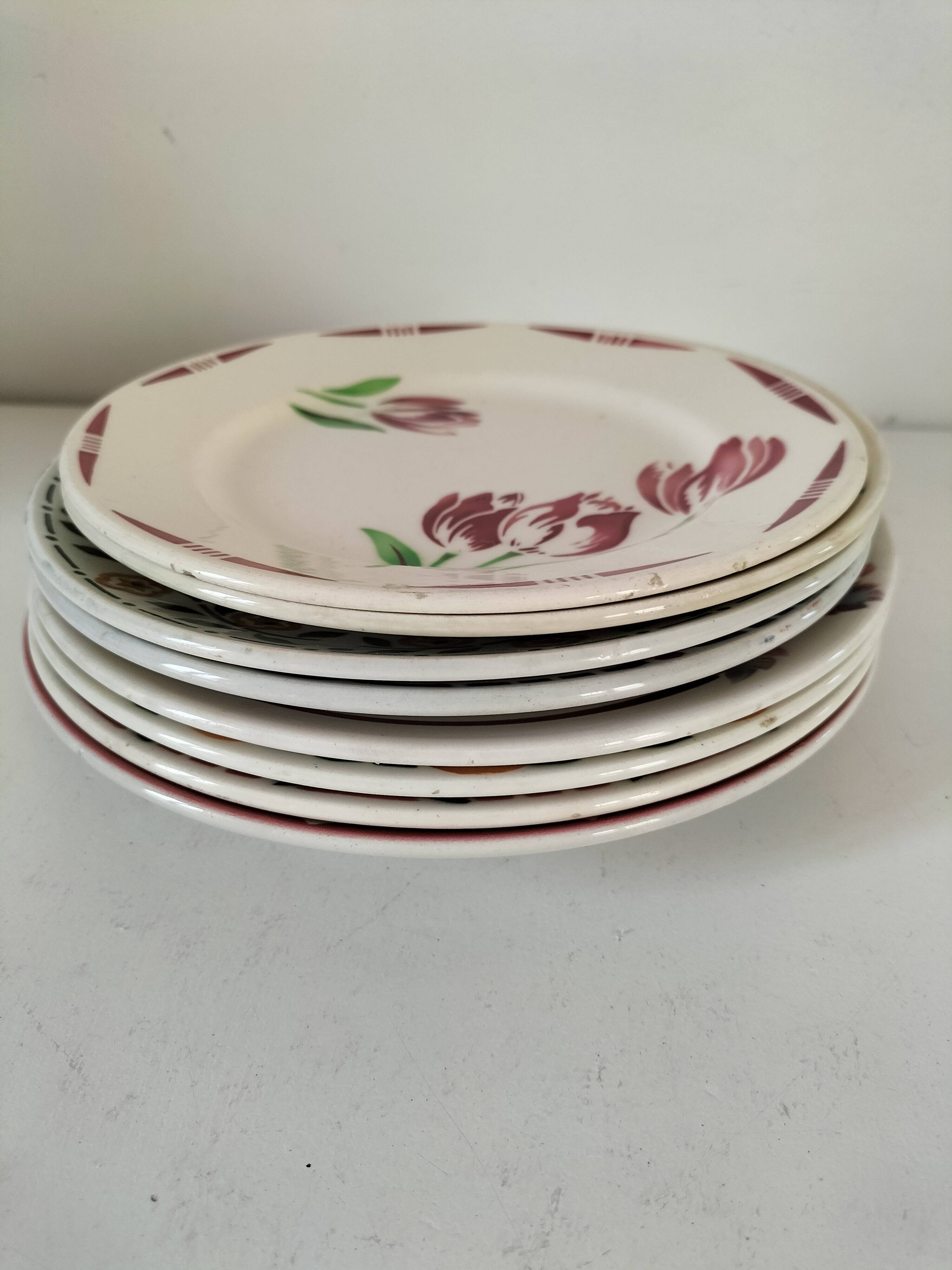 Set of 8 ironstone plates with coordinated designs.