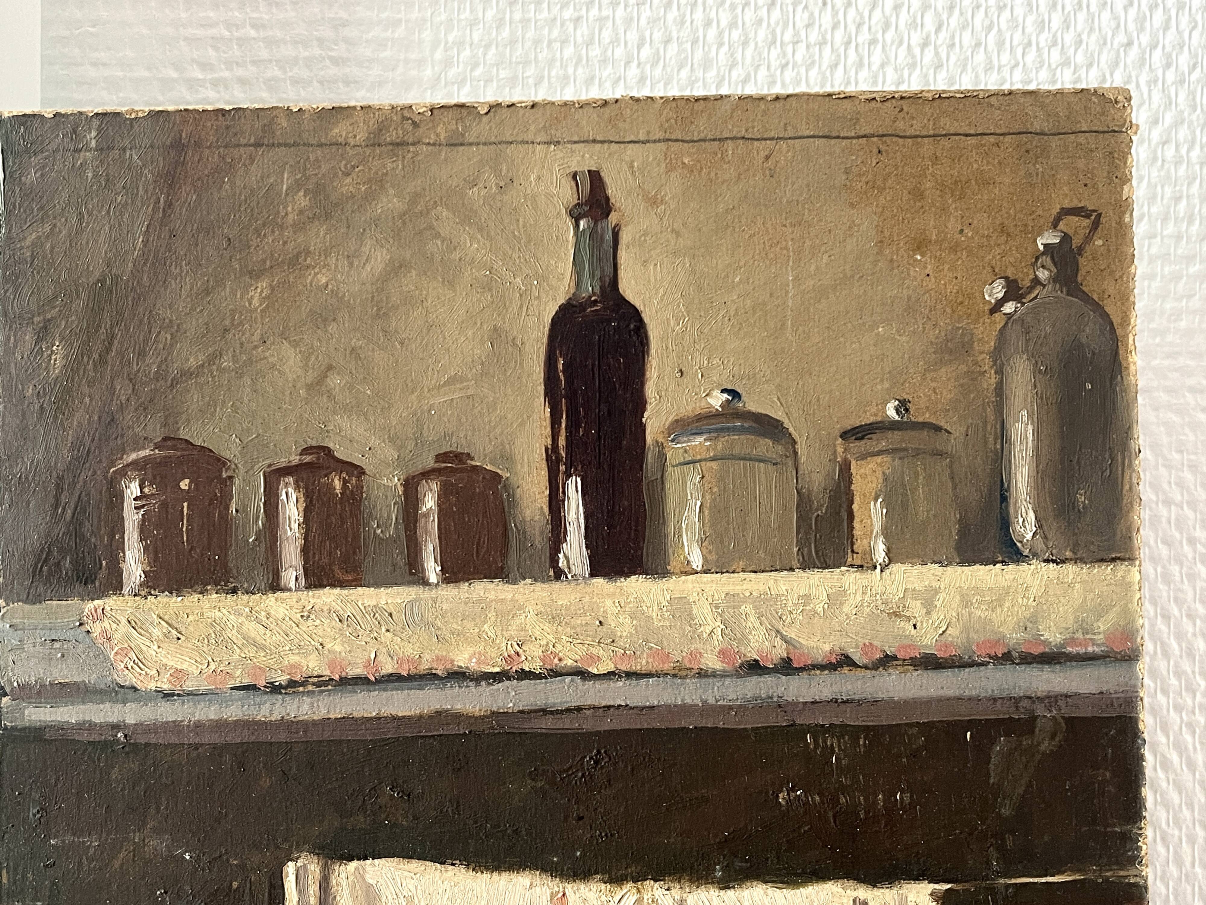 Oil painting of an interior scene 1940, portrait of children signed