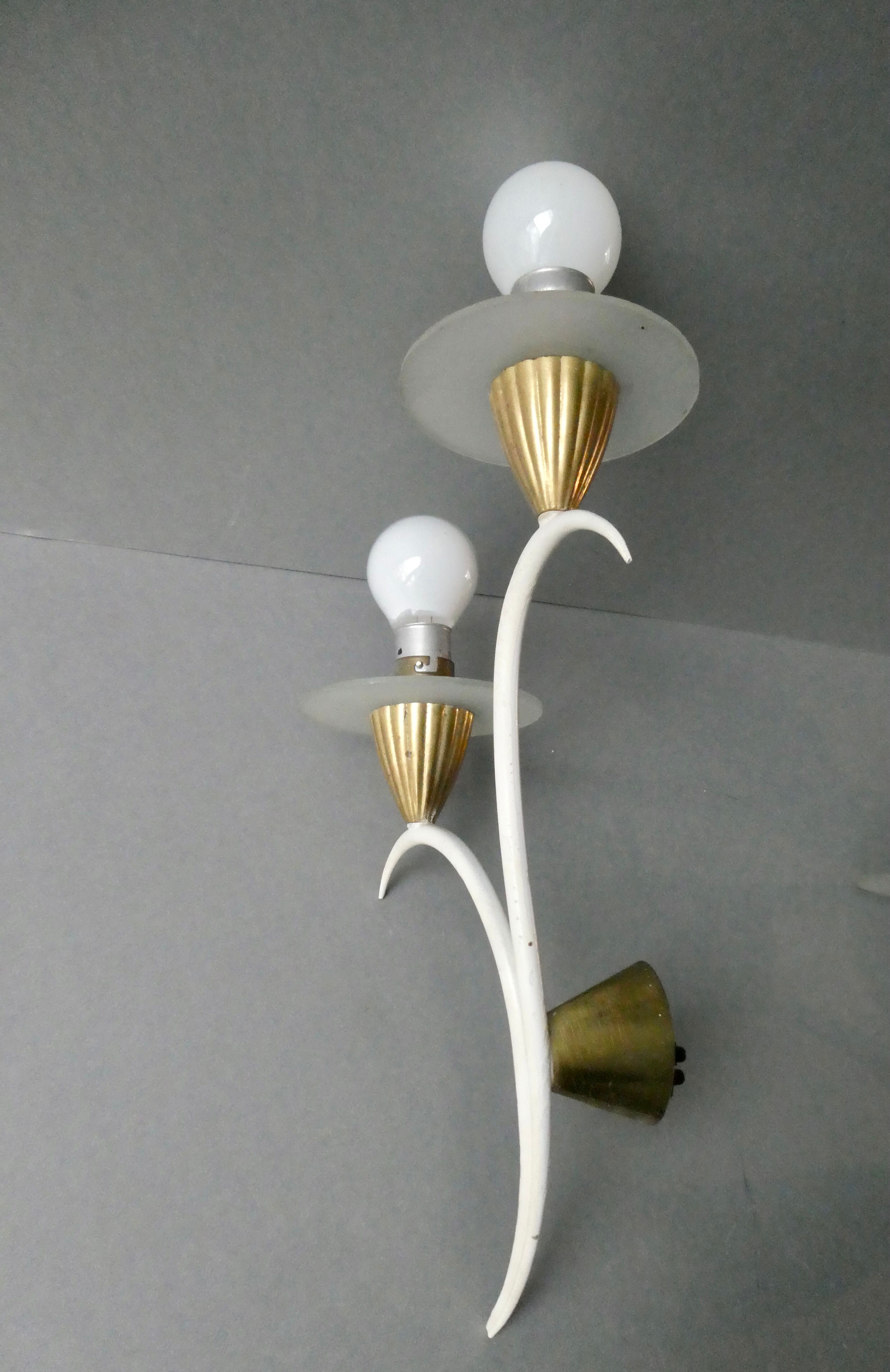 Pair of metal and glass sconces, 50s