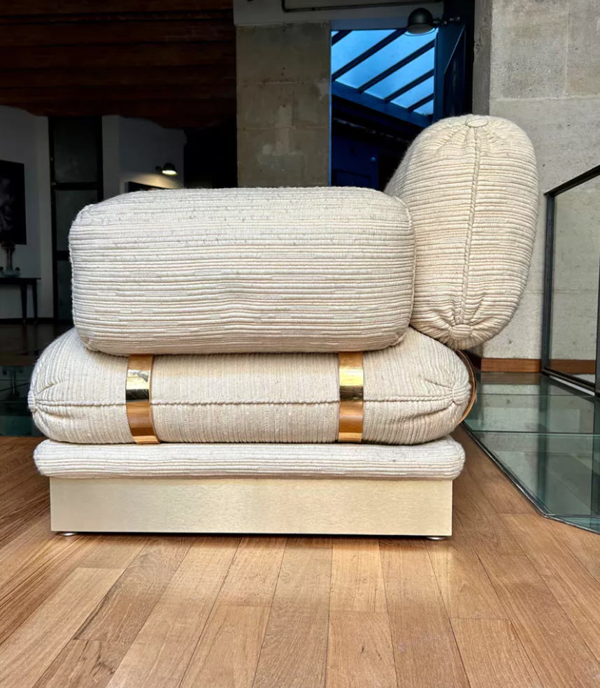 Pair of armchairs by Thibier in brass and wool France 1978