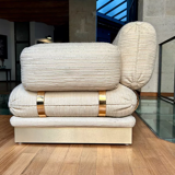 Pair of armchairs by Thibier in brass and wool France 1978