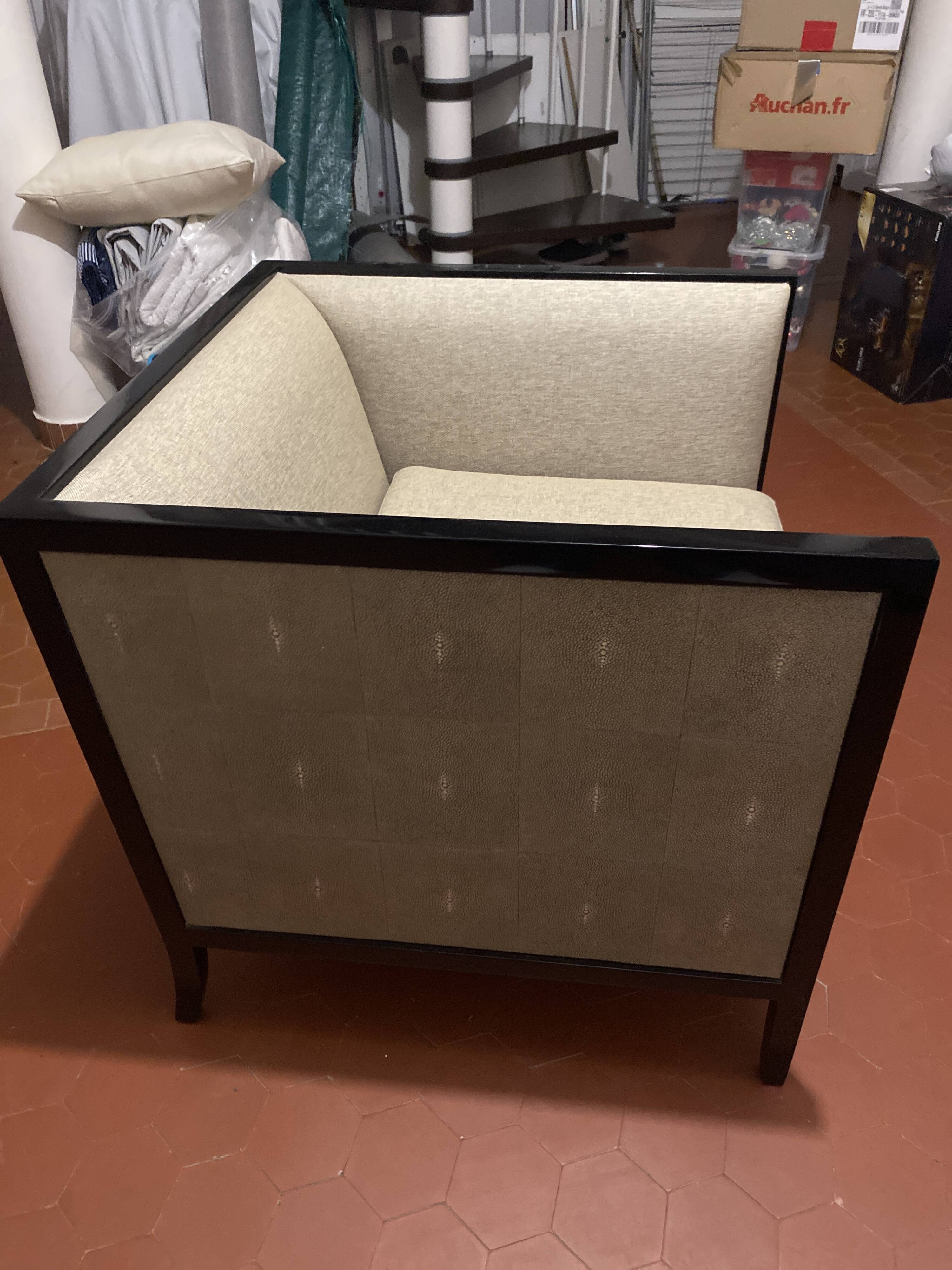 Mahogany and gray fabric armchair