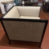 Mahogany and gray fabric armchair