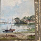 Watercolor "Animated marine with boat" signed A. Descormiers XIX° Brittany