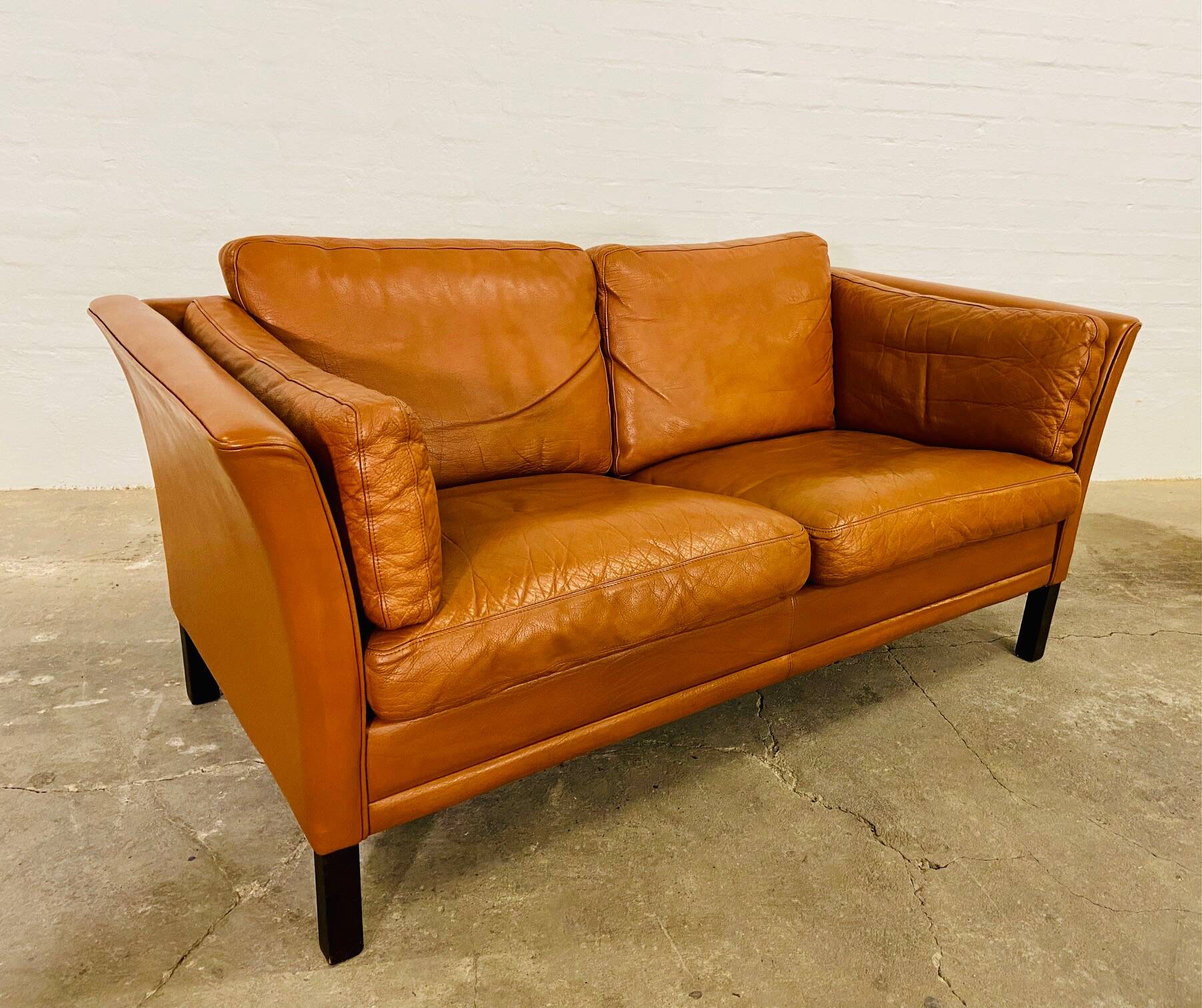 Vintage danish mid century mogens hansen 2 person tan cognac leather sofa