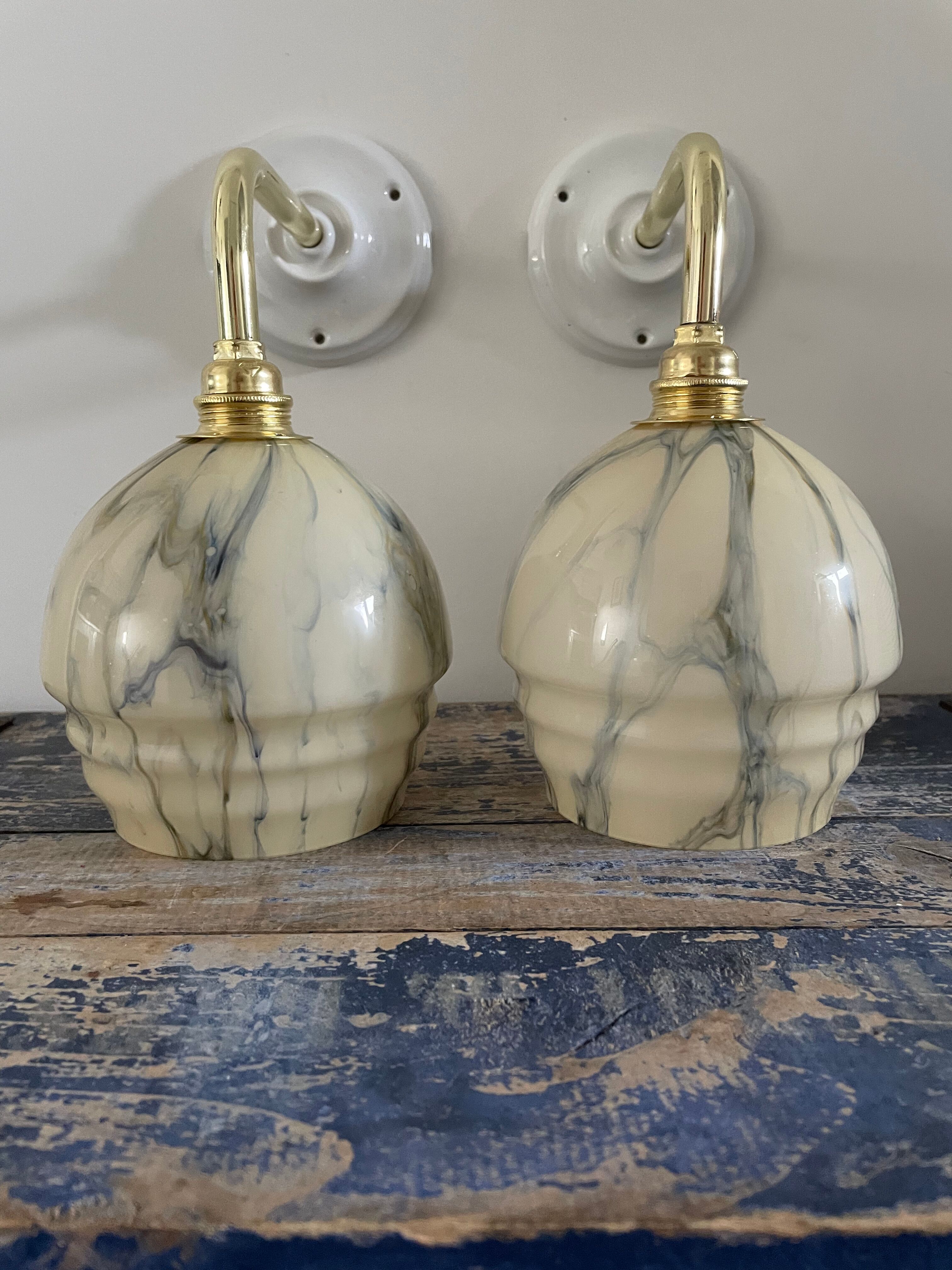 Pair of art deco wall lamps in marbled opaline