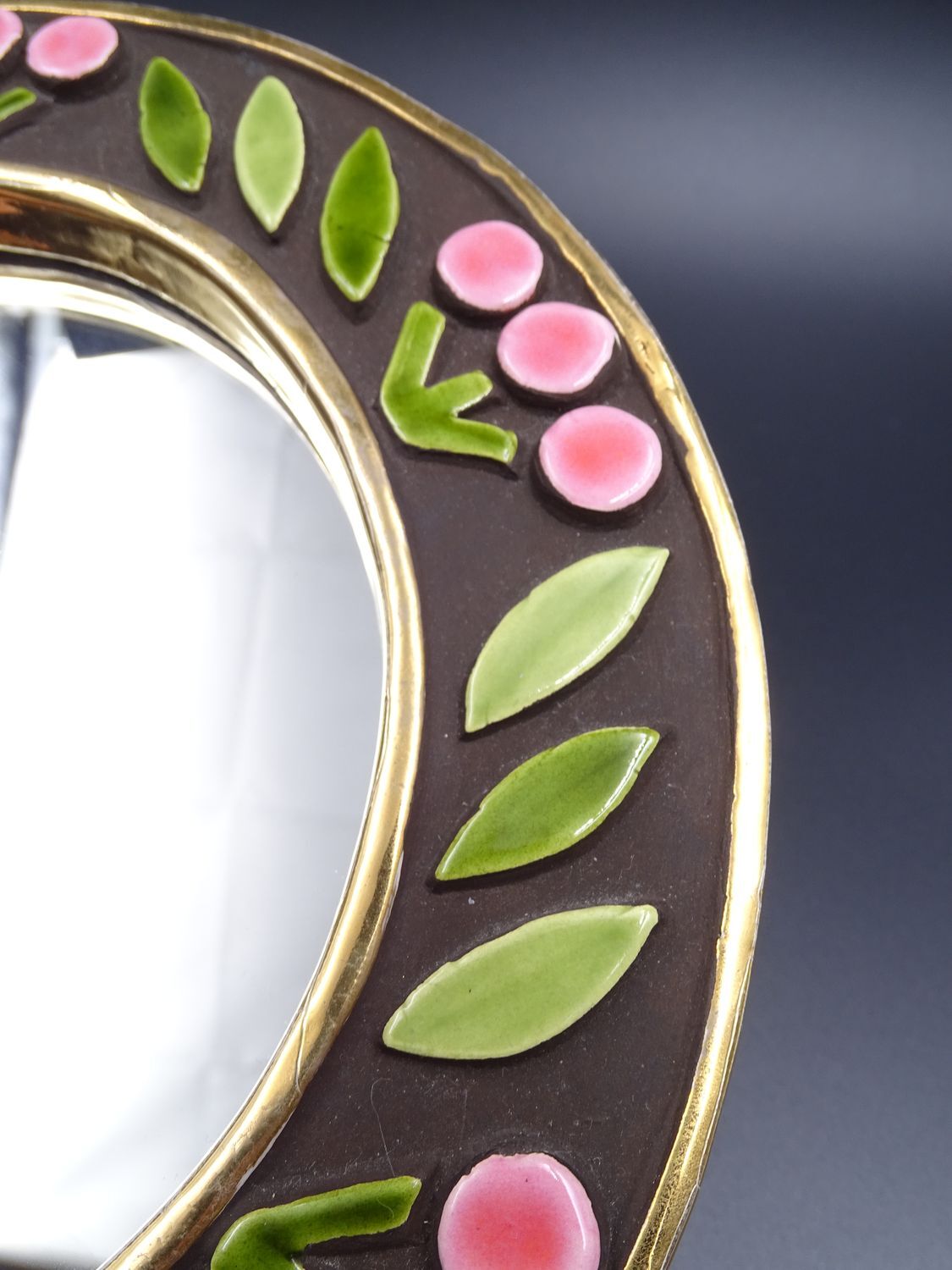 Small round mirror in earthenware- Cherry enamelled decoration - circa 1970
