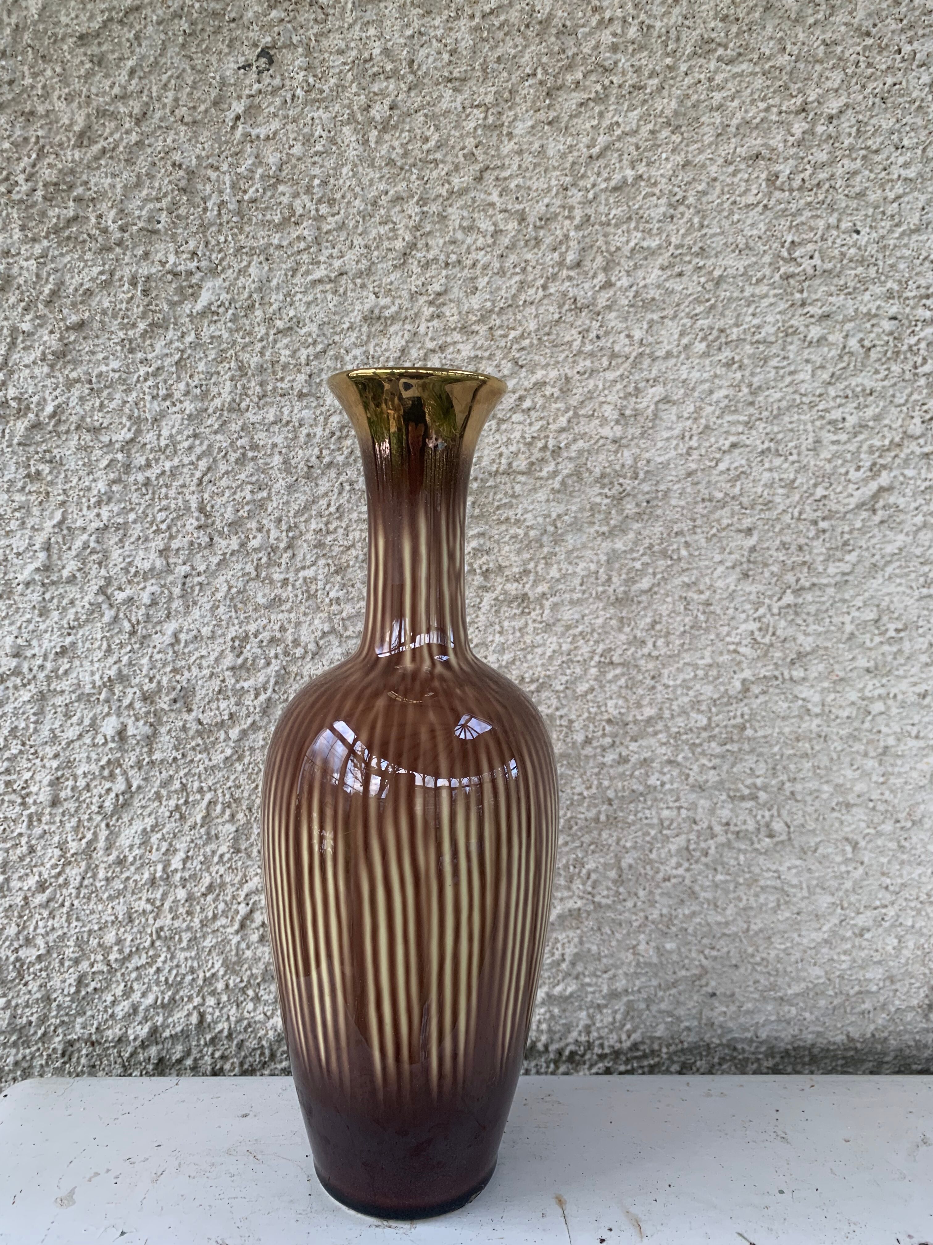 Soliflore vase in beige and gold glazed ceramic, numbered and vintage
