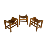 House Regain 3 Stools In Solid Elm And Leather 70s