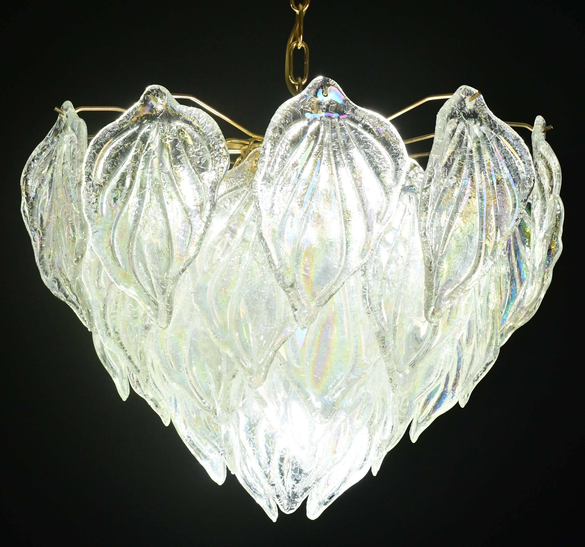 Superbe grand lustre en verre de Murano avec feuilles arc-en-ciel