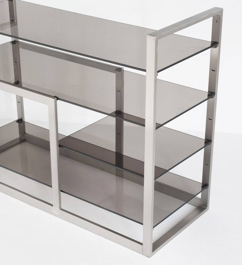 Vintage TV or HiFi cabinet. Brushed stainless steel and smoked glass. France, 1970s