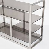 Vintage TV or HiFi cabinet. Brushed stainless steel and smoked glass. France, 1970s