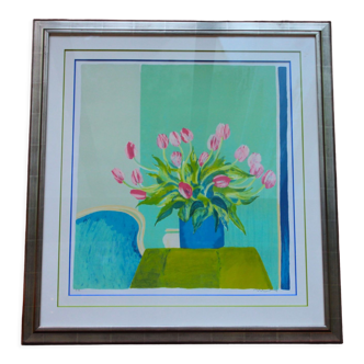 Bouquet of tulips, lithograph signed Roger Mühl, imp. Mourlot, c. 1980-1990