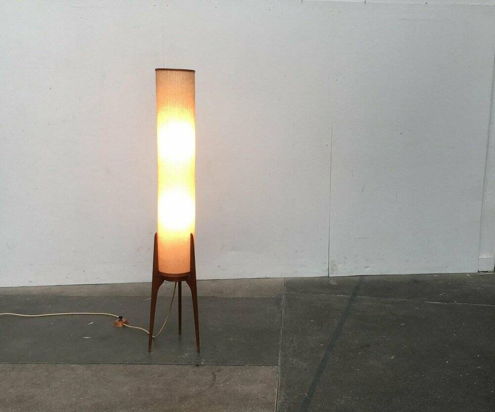 Mid-century tripod rocket floor lamp in teak, 1960s.