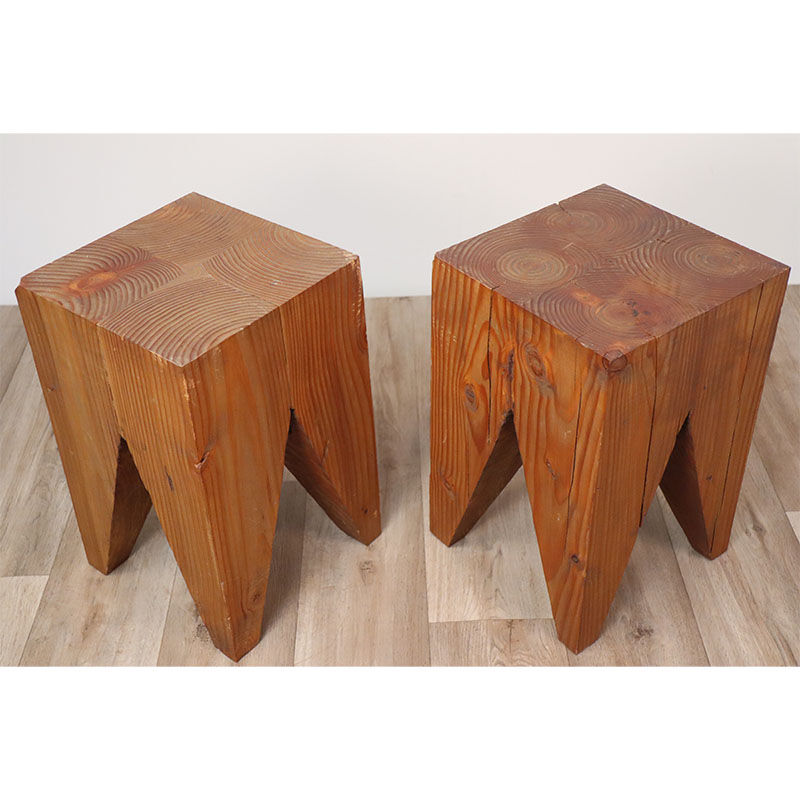 Pair of brutalist stools in solid fir