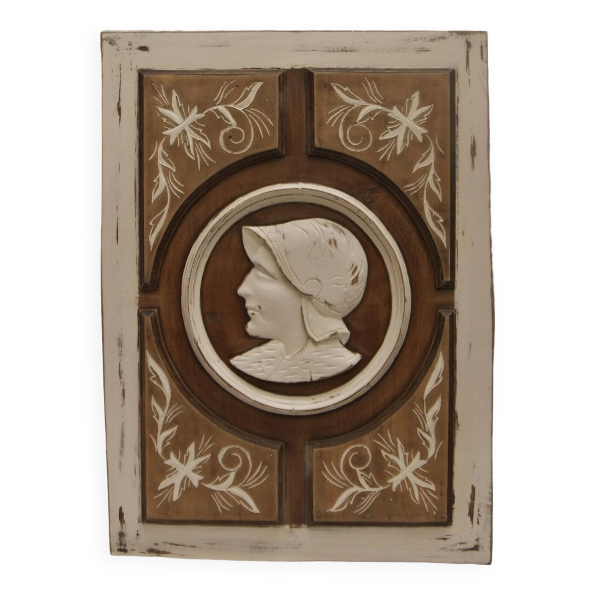 Large bas relief painting medallion woman patina wooden frame ornament