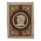 Large bas relief painting medallion woman patina wooden frame ornament