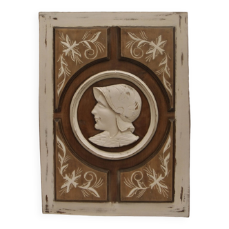 Large bas relief painting medallion woman patina wooden frame ornament