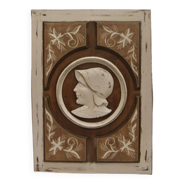 Large bas relief painting medallion woman patina wooden frame ornament