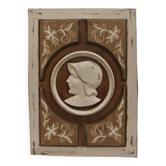 Grand bas relief tableau médaillon femme patine cadre bois ornement