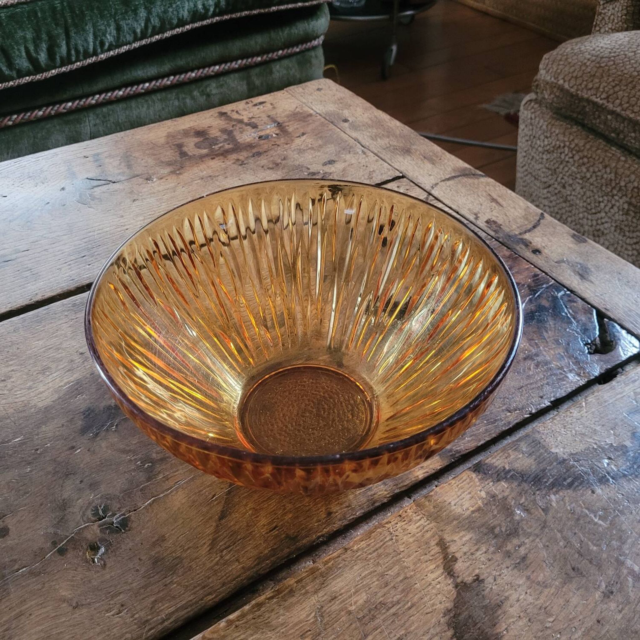 Vintage ribbed amber glass salad bowl – France 1970