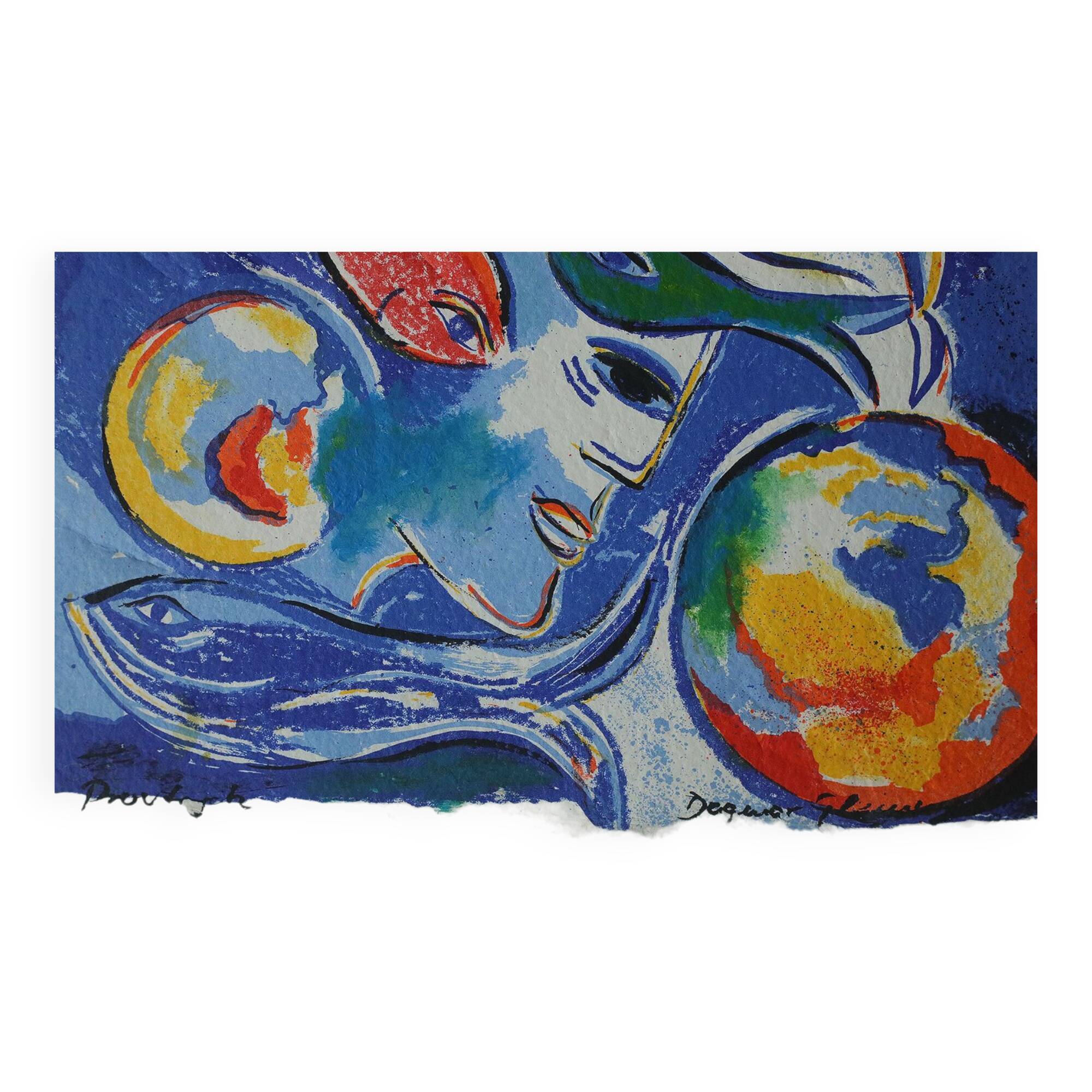 Colour lithograph, framed, Composition with fish and faces, Dagmar Glemme