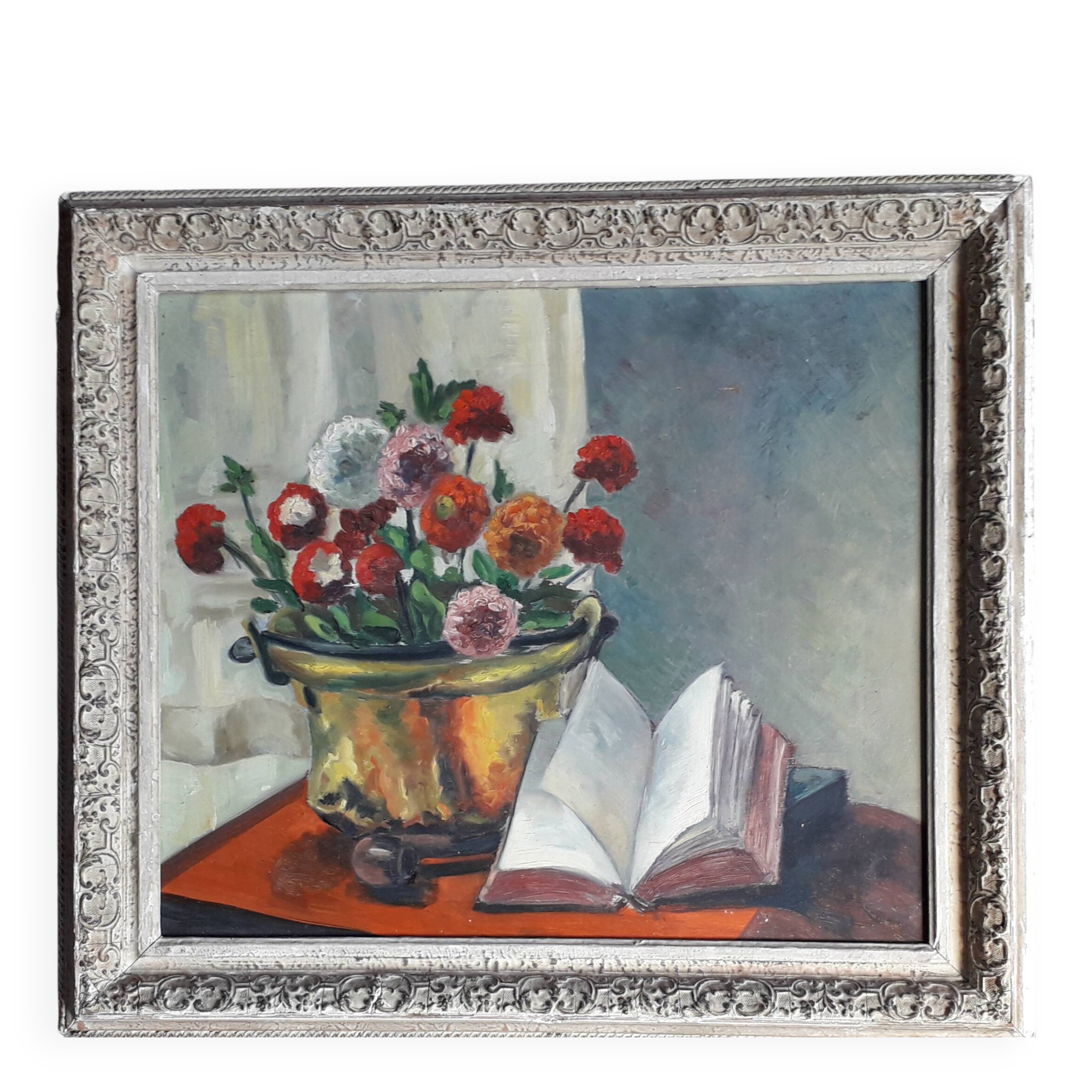 Tableau ancien à l'huile sur panneau bois représentant une nature morte