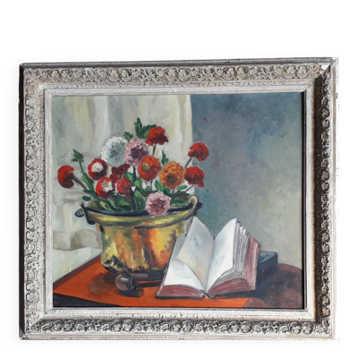 Tableau ancien à l'huile sur panneau bois représentant une nature morte