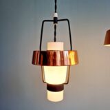 Trio of Scandinavian pendant lights in opaline and copper metal, 1960s