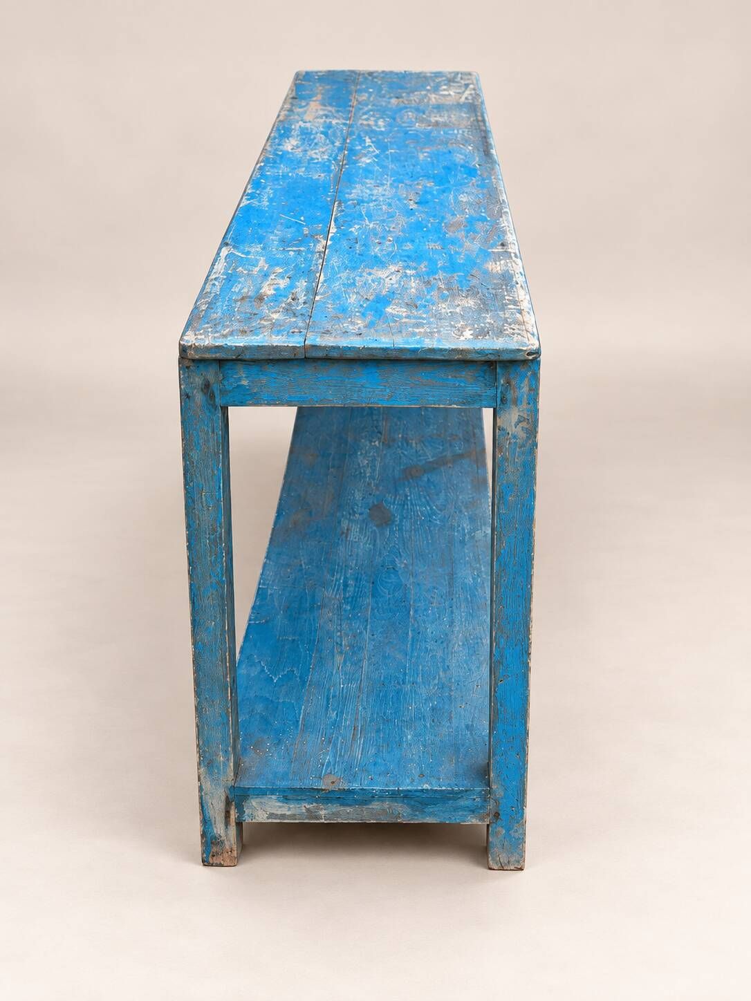 Old patinated blue wooden workbench – Workshop console