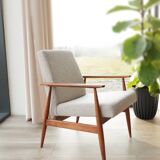 Fauteuil bouclé vintage bois couleur noyer tissu gris champagne design mid