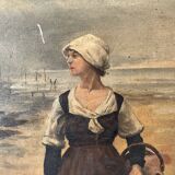 Oil on panel "Return from the fish market" 1900, genre scene