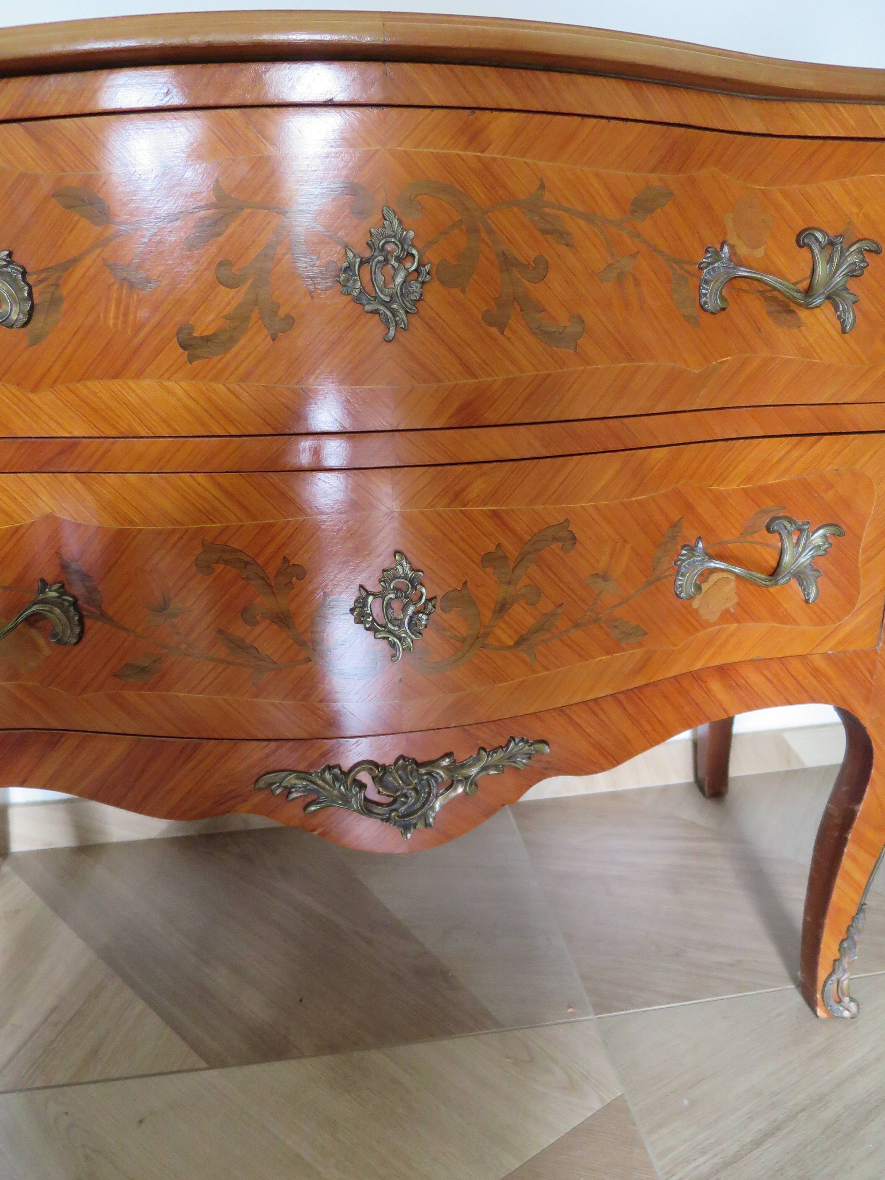 Louis XV commode - 2 drawers - floral marquetry - bronze ornament - 1950