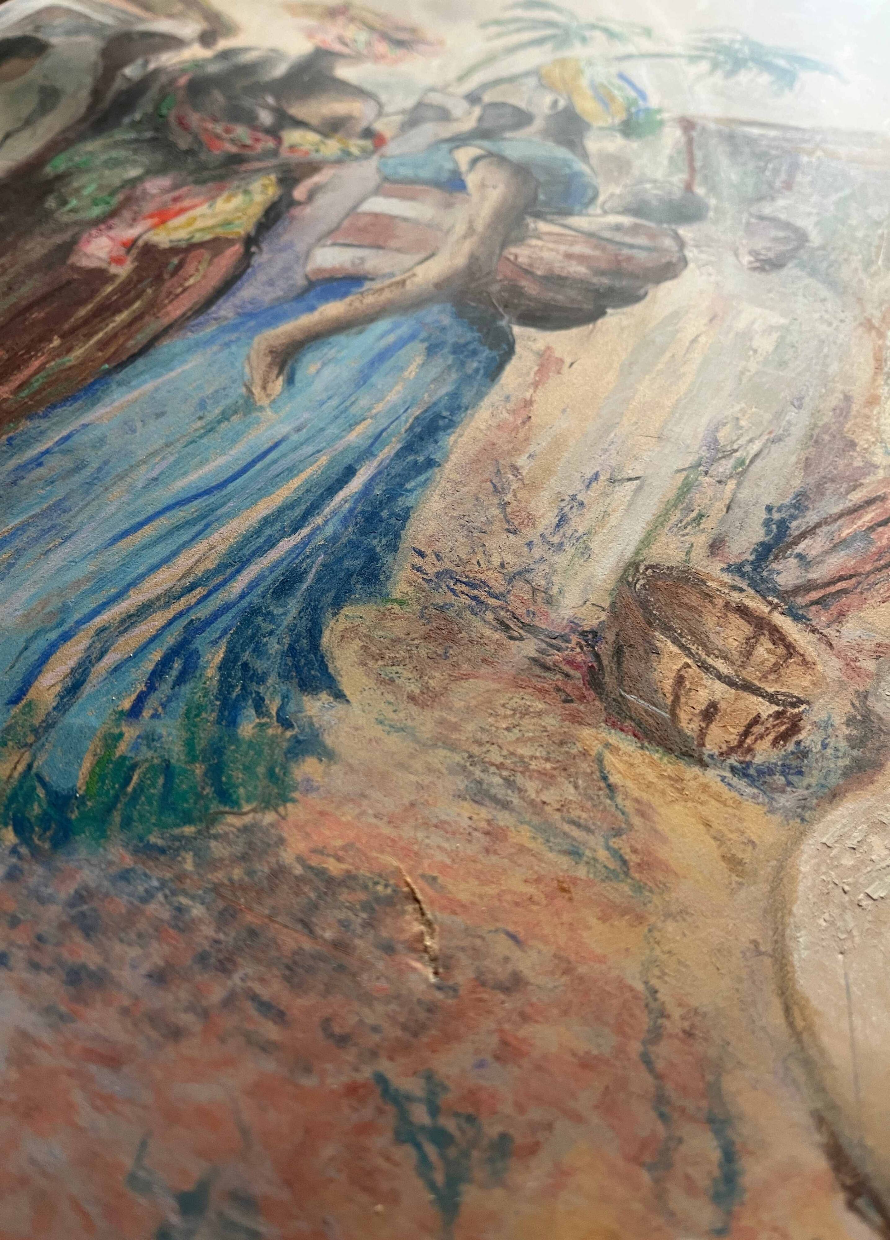 Orientalist Africanist painting "Market scene" Pastel mid 20th century