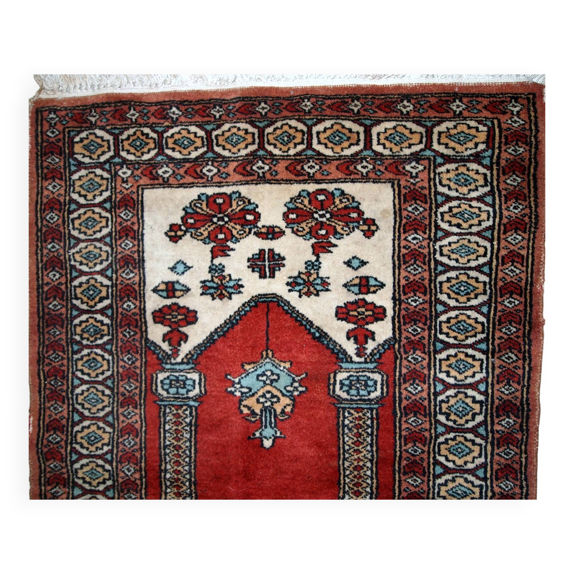 Tapis de prière vintage fait main Lahore pakistanais 62cm x 92cm (1970s)