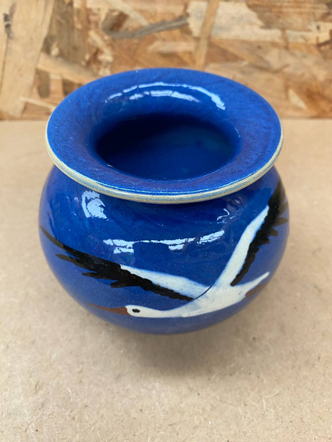 Old ball vase prod art ceramic blue decor storks alsace vintage