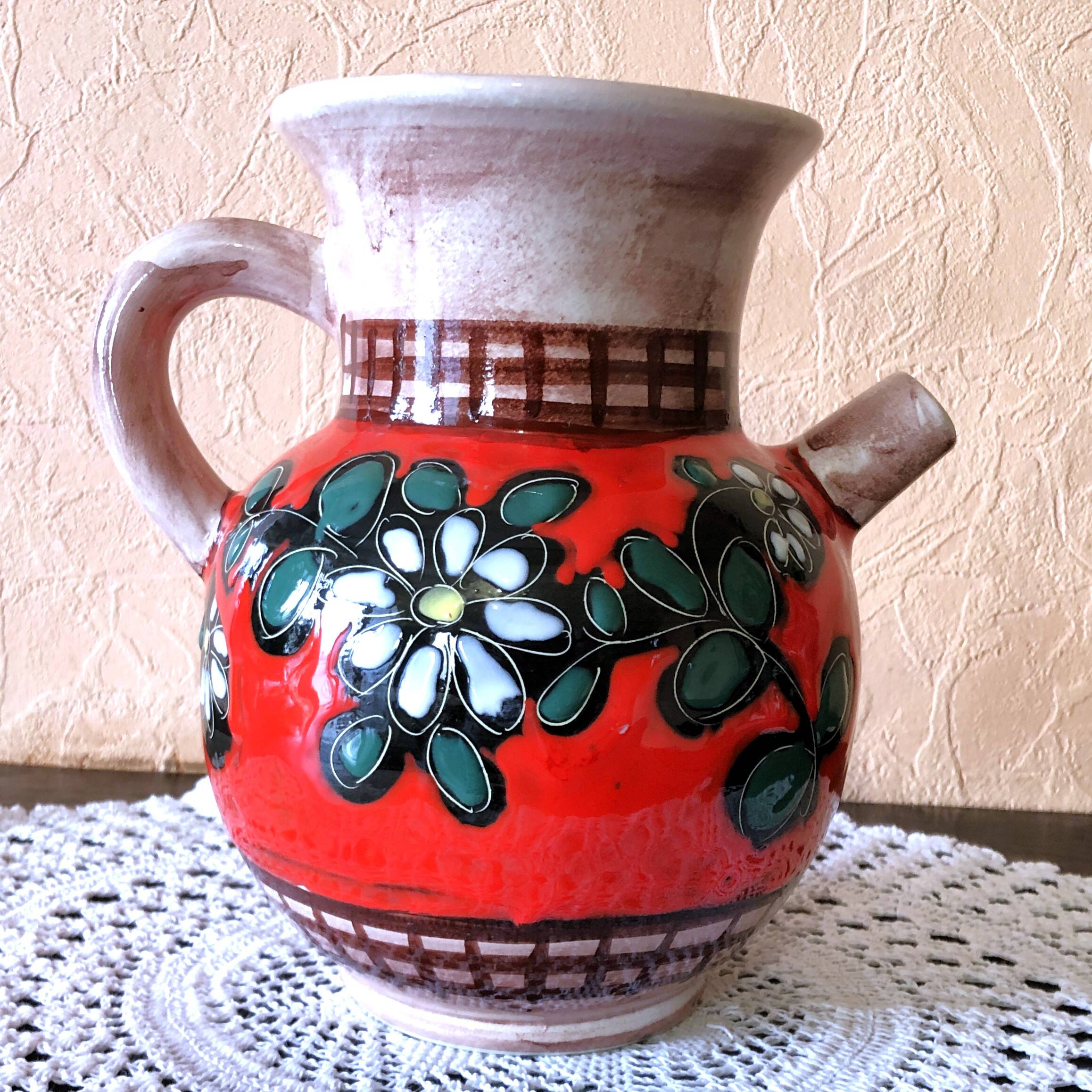Carafe, jug, chevrette, artisanal, ceramic with floral decoration