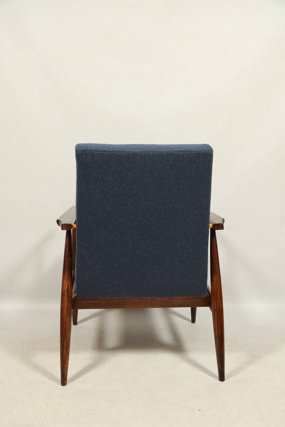 Scandinavian armchair navy blue natural wool dark brown wood design by H.Lis