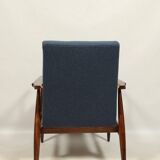 Scandinavian armchair navy blue natural wool dark brown wood design by H.Lis
