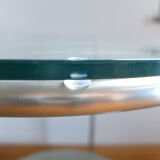 1970s stainless steel pedestal table with two glass tops