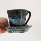 Serving of 6 cups and under cups in stoneware, Manziat, vintage