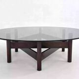 Table basse en bois et plateau rond en verre fumé