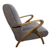 Fauteuil en bois cintré rétro vintage des années 50 par Parker Knoll – Tissu gris