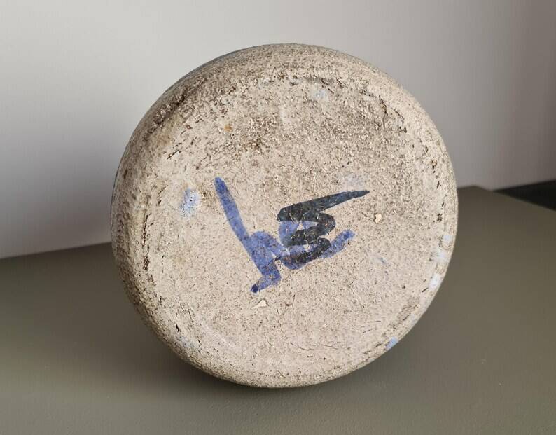 Mid-century modern stoneware vase with cobalt blue dots.