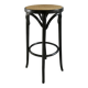 Curved wooden bar stool with a caned seat.