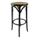 Curved wooden bar stool with a caned seat.