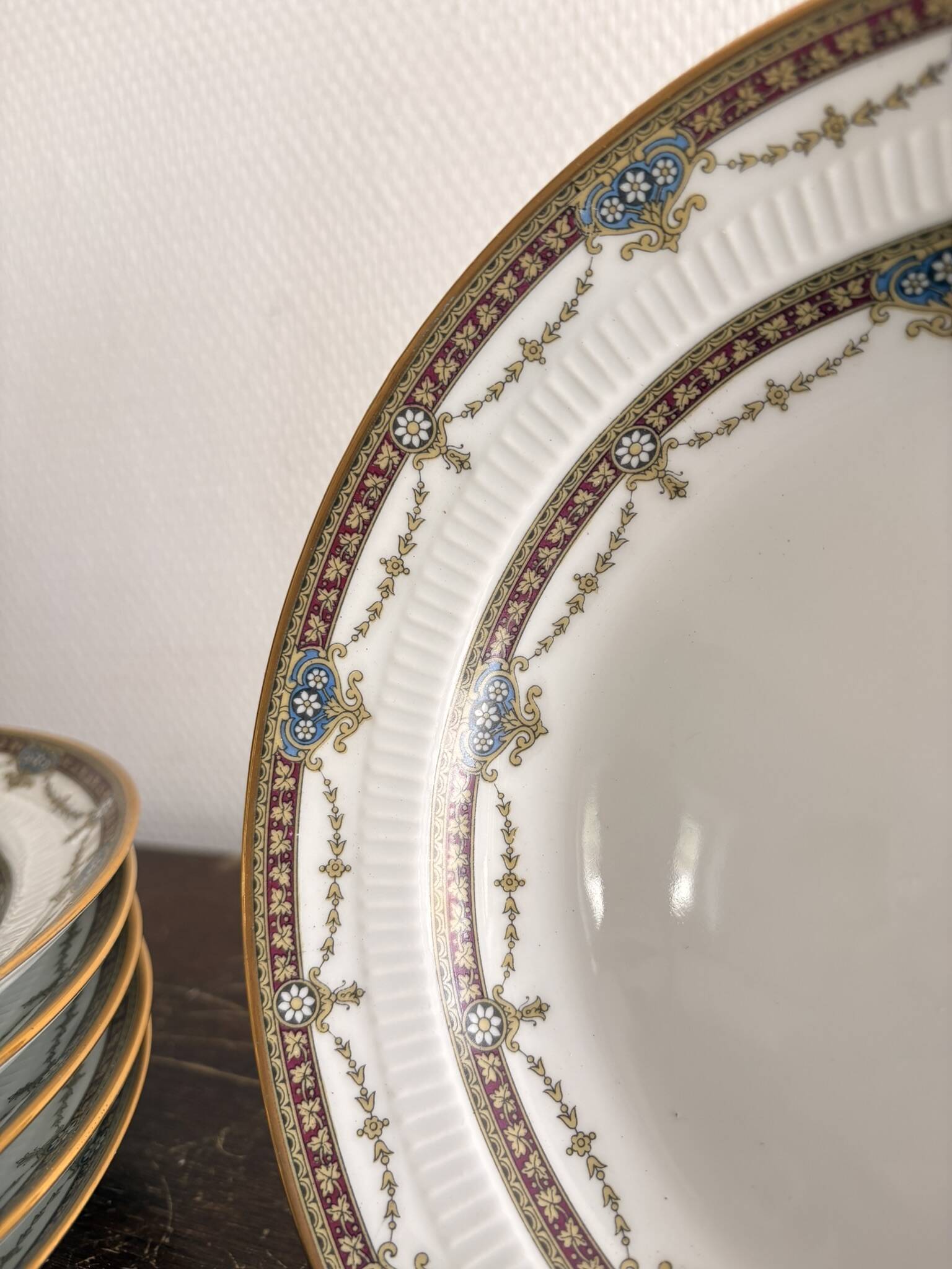 6 Deep Plates Limoges Porcelain Harreau Fluted Edge Neo-Classical