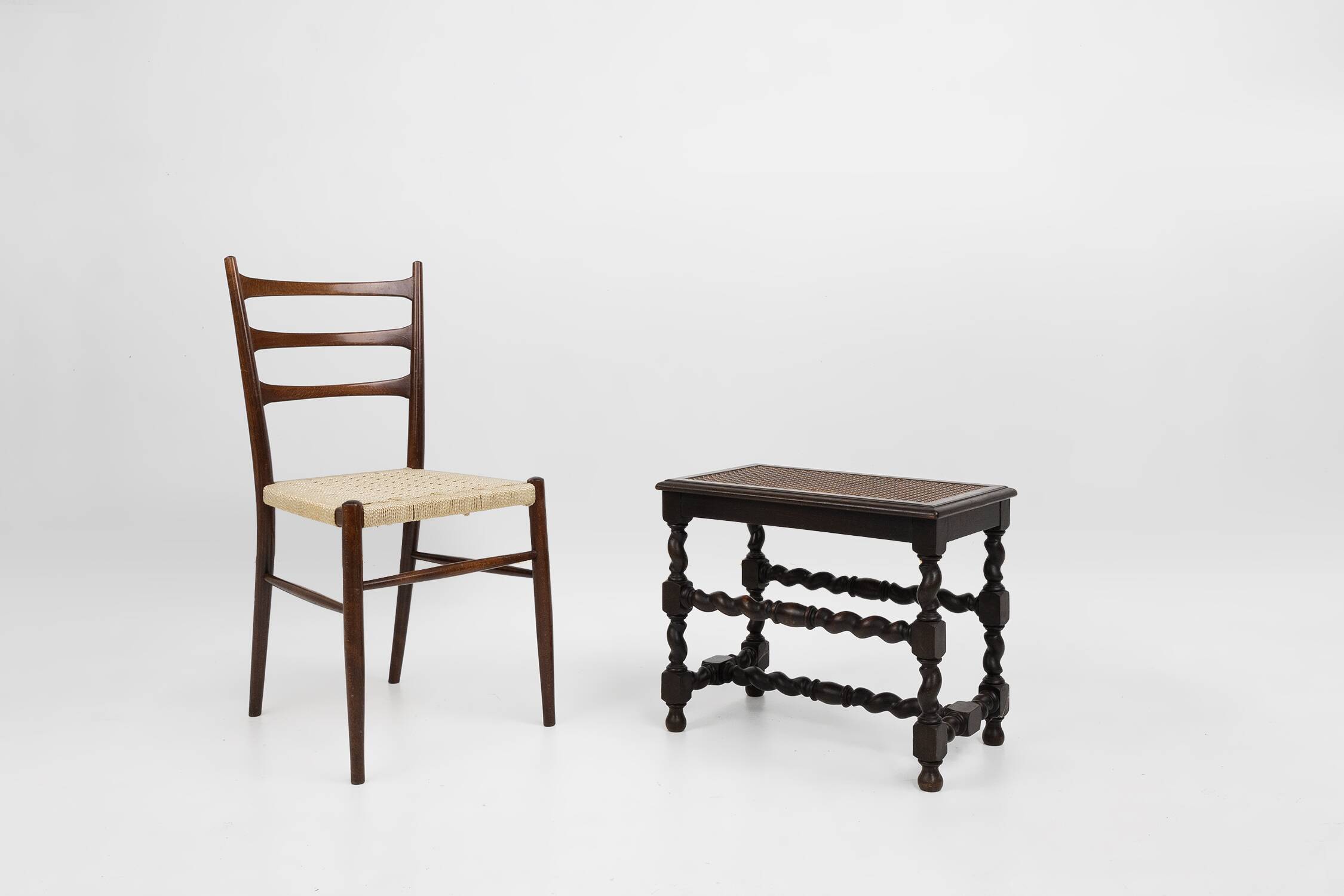 Antique French wooden stool with rattan top, ca. 1880