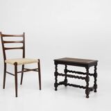Tabouret ancien français en bois avec plateau en rotin, vers 1880