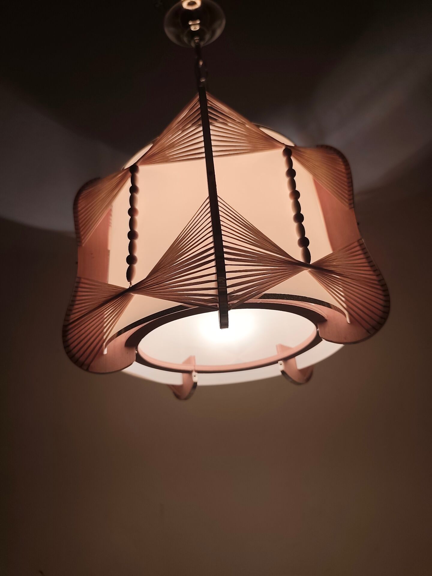 Raffia and wood ceiling lamp. Spain, 1970s.